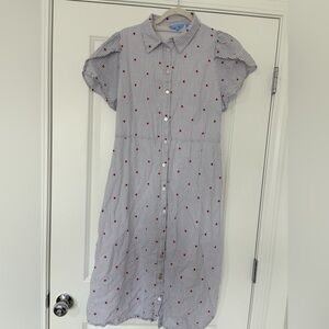 Draper James Blue & White Stripe Button-Front Dress with Red Star Details — L